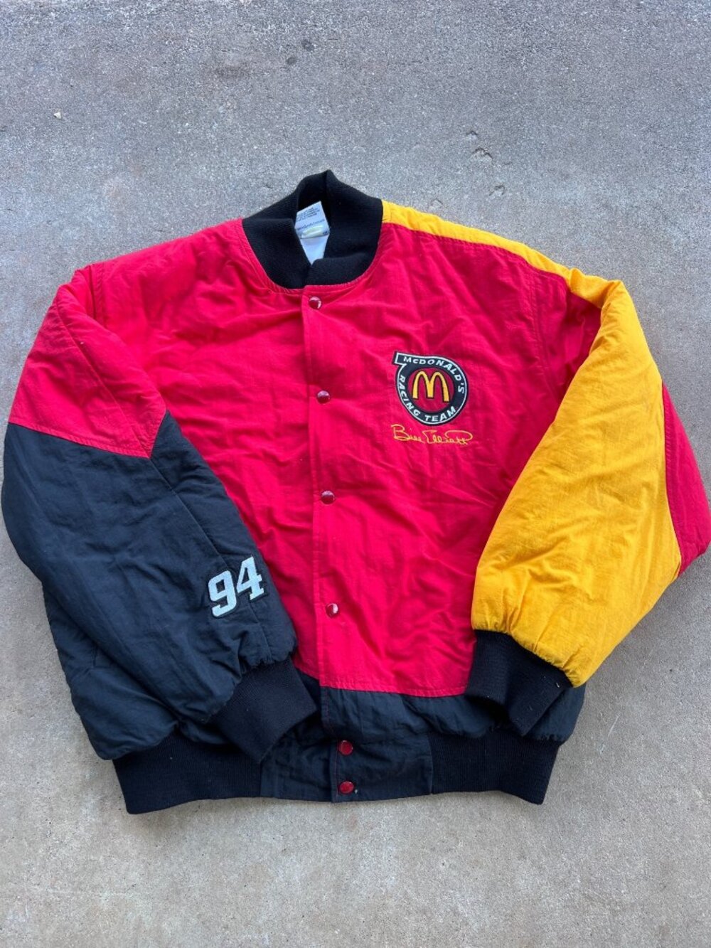 Vintage McDonalds Racing Team Jacket Bill Elliott Red/Black/Yellow Snap Front On